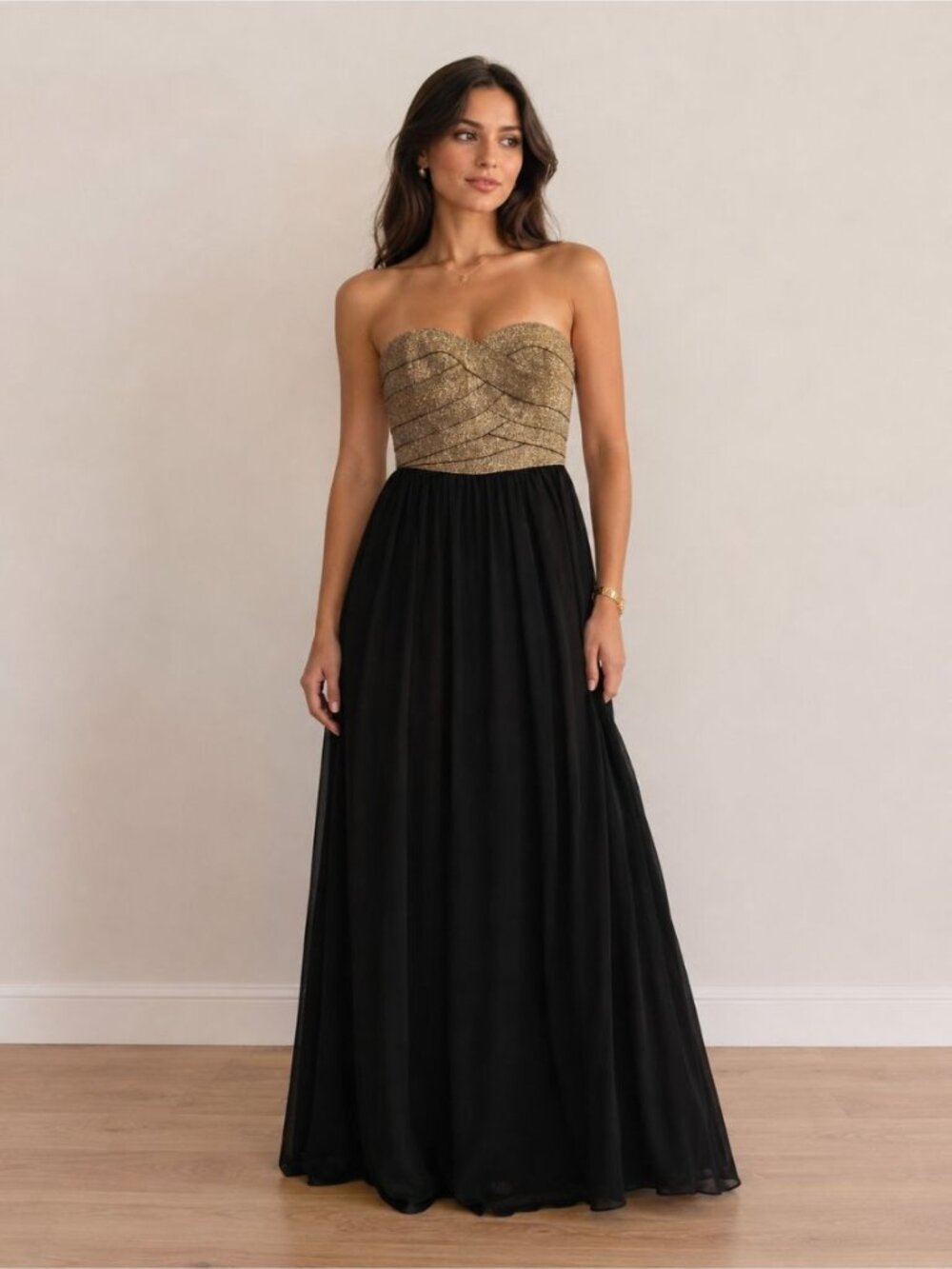 Arden B Black Gold Strapless Elegant Maxi Dress Size Xsmall